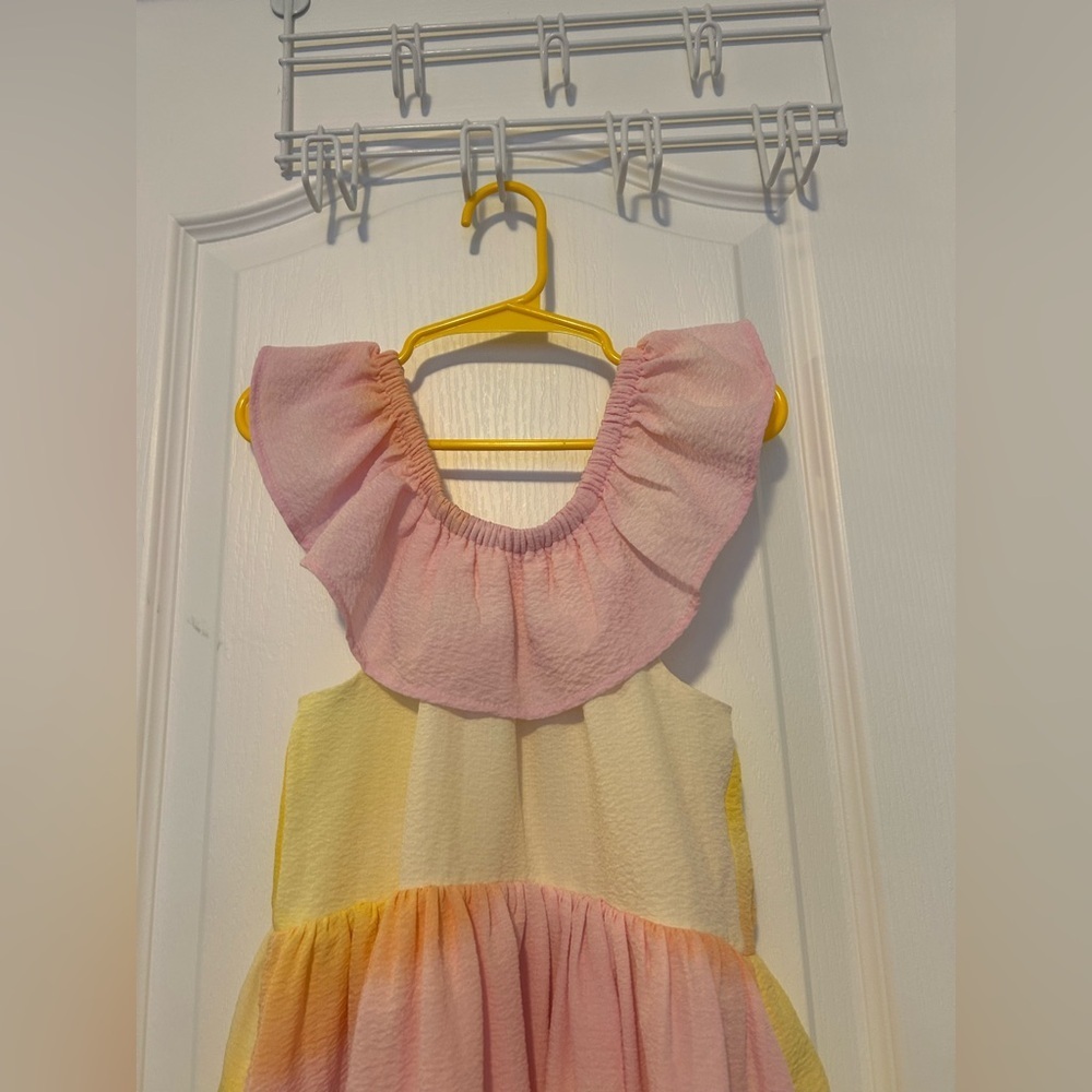 Girls Pink Yellow Ombre Ruffle Dress - Picture 2 of 4